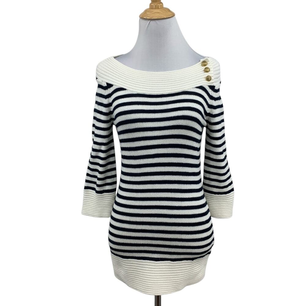 Cabi Sweater Women S Small Navy White Striped Nautical Boat Neck Gold Buttons